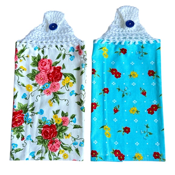 HAND CRAFTED Colorful Floral Crochet Top Hanging Kitchen or Bathroom Hand Towels - Picture 1 of 13